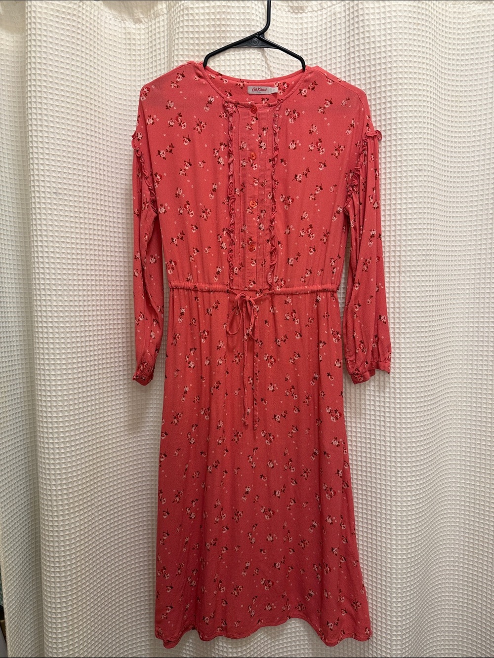 Cath Kidston Coral Pink Floral Long-Sleeve Tie-Waist Midi Dress - size 8